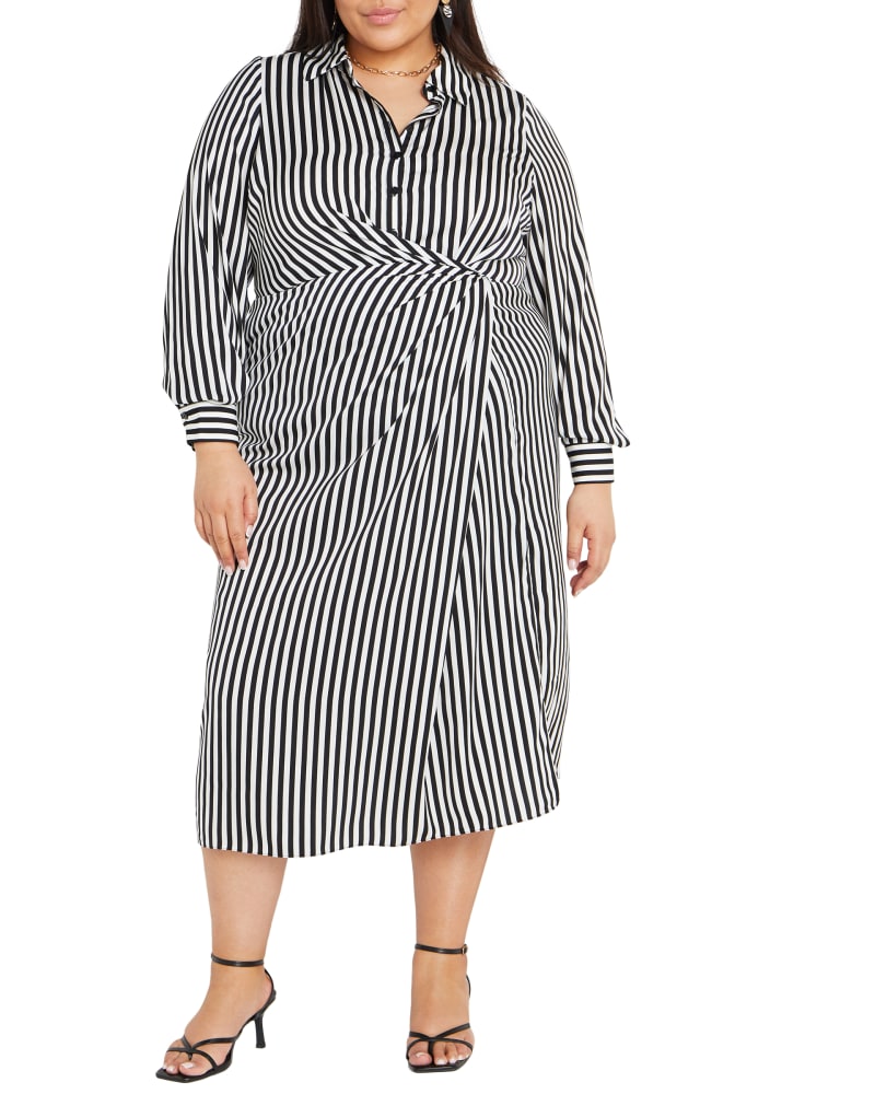 Front of a model wearing a size XL DRESS CASSANDRA in Black/White Stripe by City Chic. | dia_product_style_image_id:320349